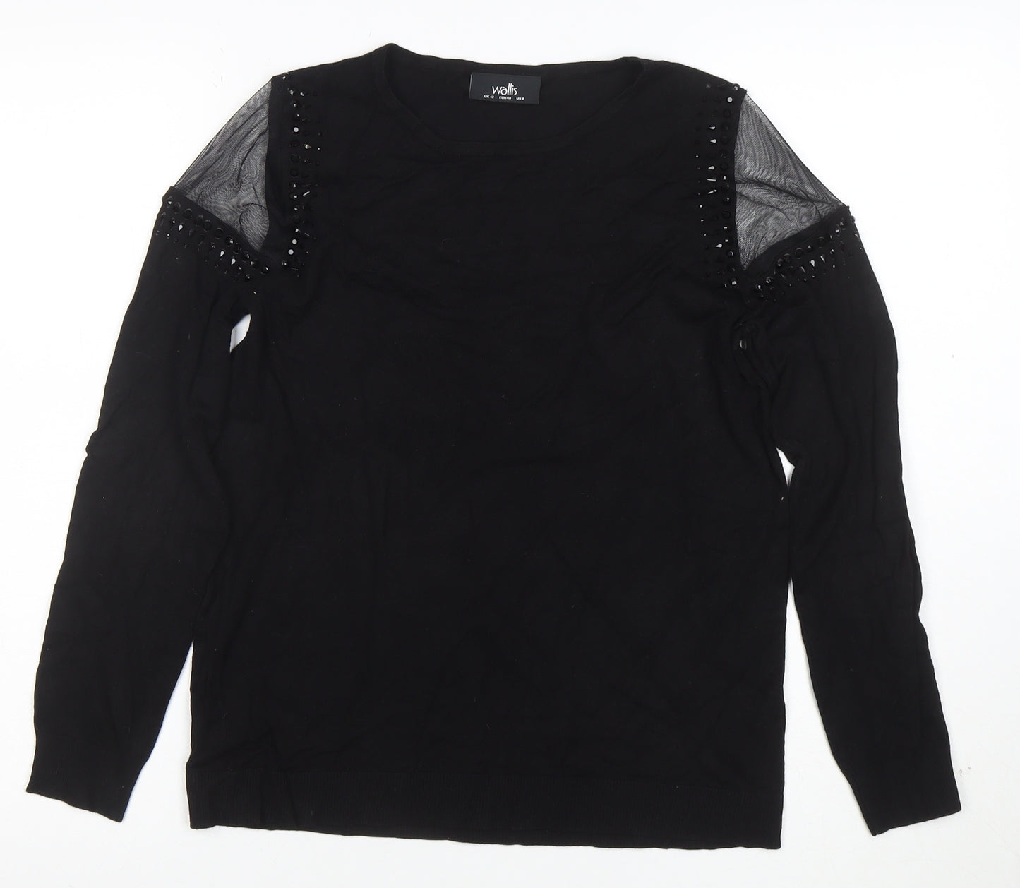Wallis Women Black Beaded Cold Shoulder Long Sleeve Blouse Size 12