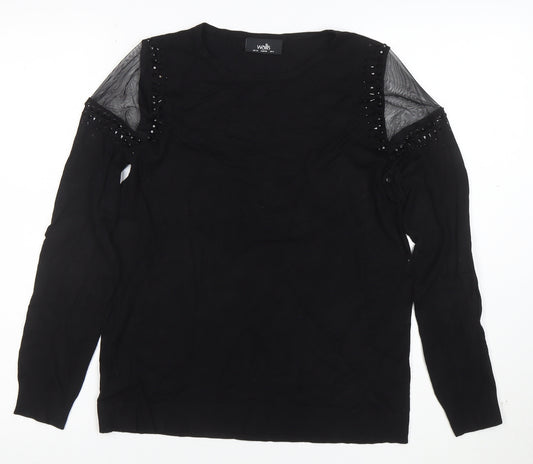Wallis Women Black Beaded Cold Shoulder Long Sleeve Blouse Size 12