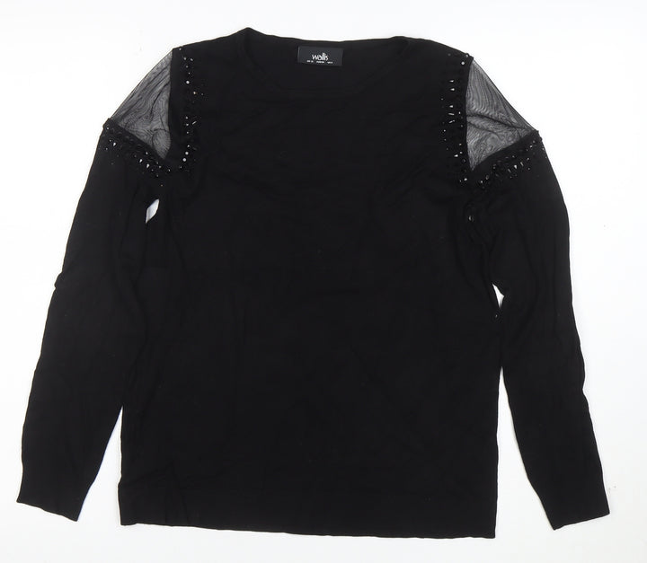 Wallis Women Black Beaded Cold Shoulder Long Sleeve Blouse Size 12