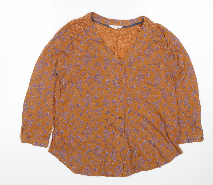 White Stuff Women Brown Floral Button-Up Tunic Top Size 10