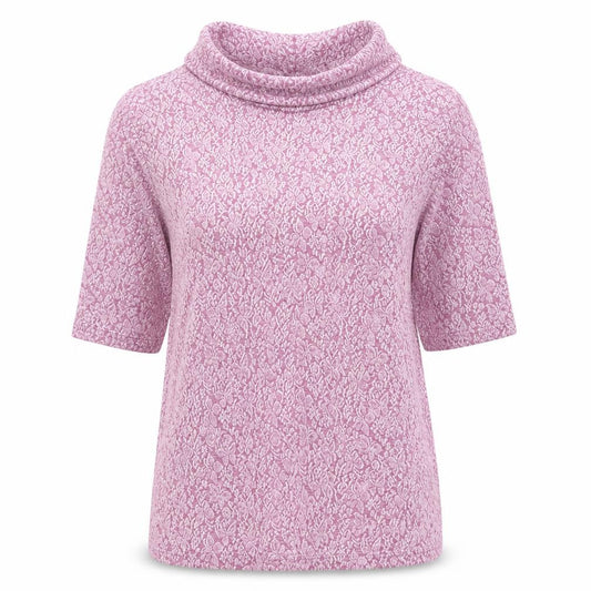 Front view of ISLE Collection Women's Pink Floral Cowl Neck 3/4 Sleeve Tunic Blouse, size M