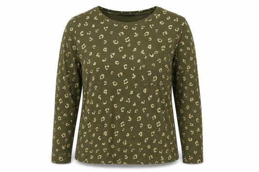 Front view of Marks & Spencer Women’s Green Animal Print Long Sleeve Cotton T-Shirt, size UK 14