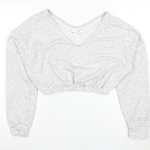 Bershka Women Grey V-Neck Cropped Pullover Sweatshirt Size S