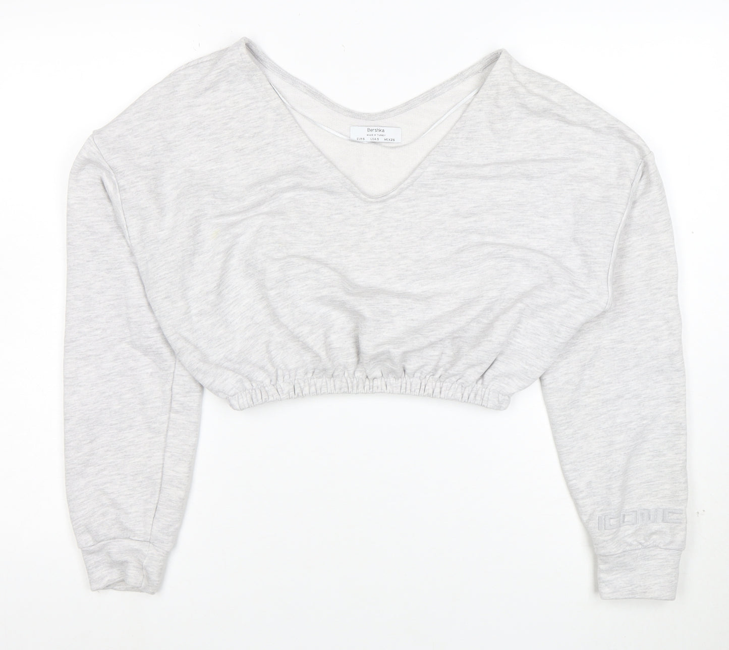 Bershka Women Grey V-Neck Cropped Pullover Sweatshirt Size S