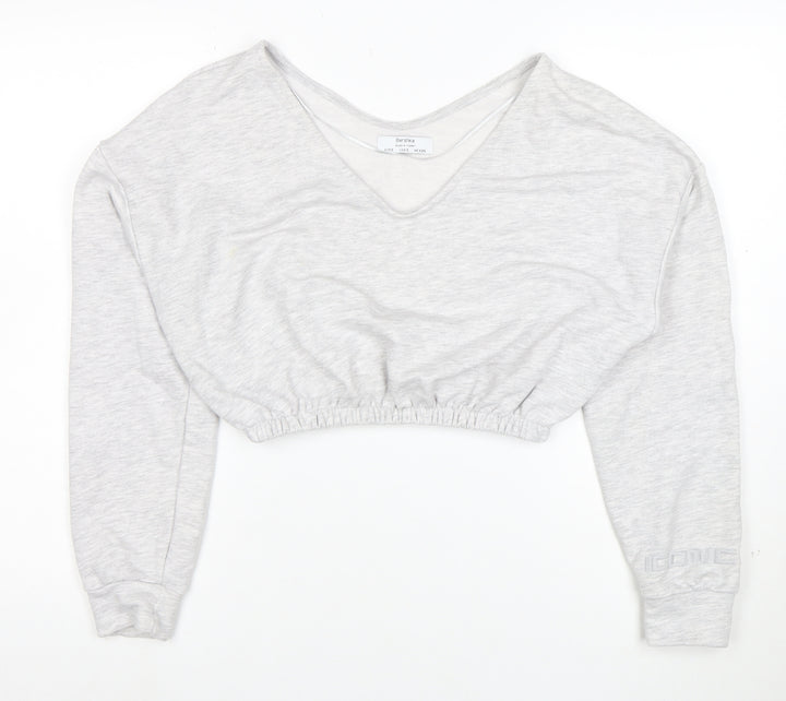 Bershka Women Grey V-Neck Cropped Pullover Sweatshirt Size S