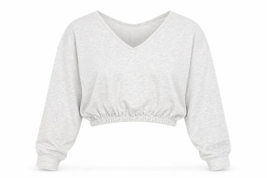 Front view of Bershka Women Grey V-Neck Cropped Pullover Sweatshirt, size S