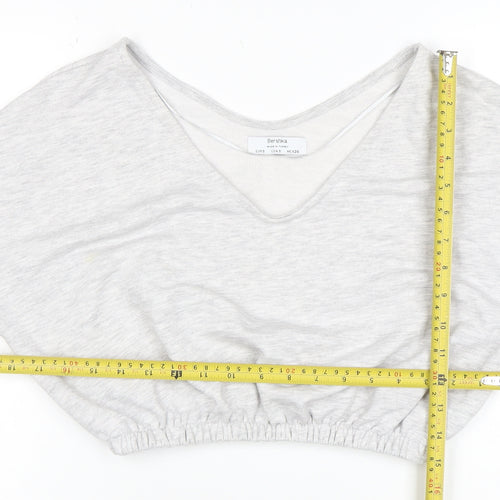 Bershka Women Grey V-Neck Cropped Pullover Sweatshirt Size S