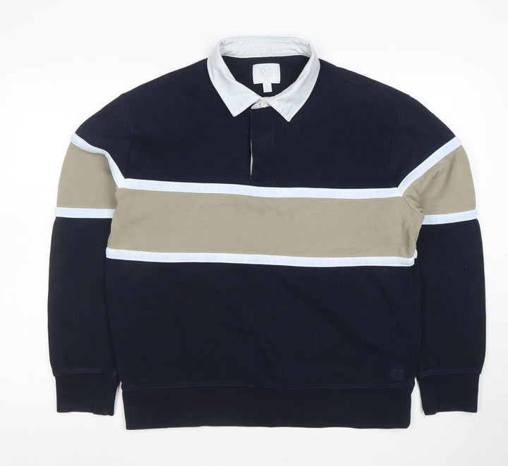 Marks and Spencer Men's Blue Colourblock Polo Shirt Size L Cotton