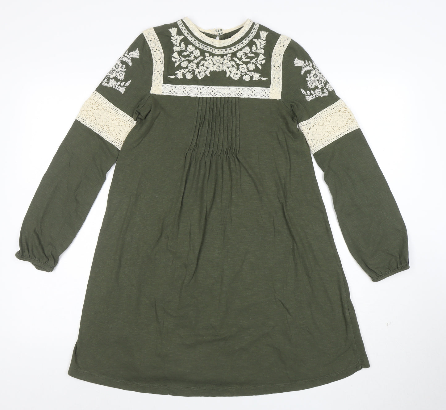 Topshop Women’s Green Embroidered Lace Long Sleeve Shift Dress Size 6