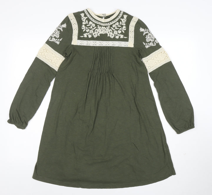 Topshop Women’s Green Embroidered Lace Long Sleeve Shift Dress Size 6