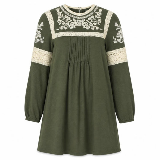 Front view of Topshop Women’s Green Embroidered Lace Long Sleeve Shift Dress, size UK 6