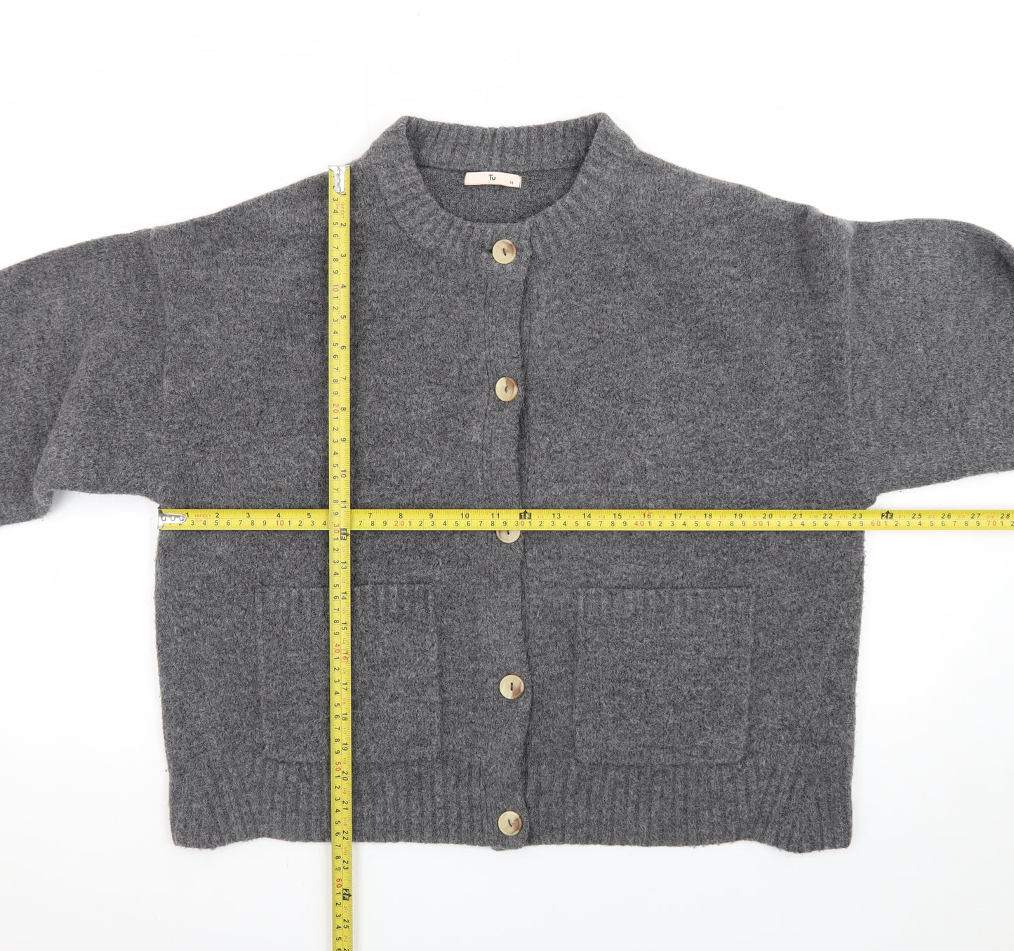 Tu Women Grey Crew Neck Button Cardigan Size 14 Wool Blend