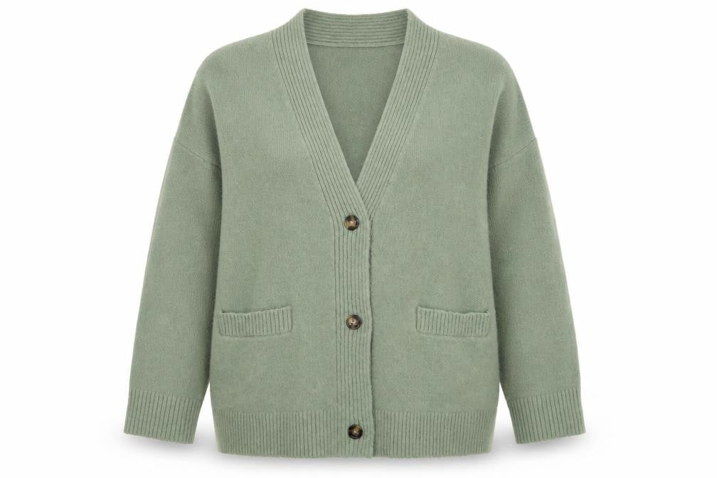 Front view of Monki Women’s Green Wool Blend Buttoned Cardigan M Classic V-Neck