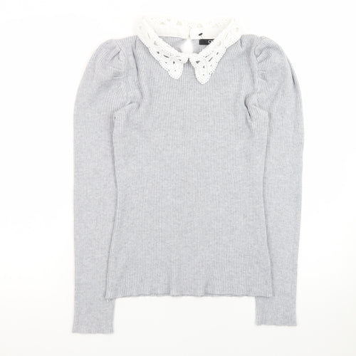 Quiz Women Grey Collared Lace Trim Slim Fit Long Sleeve Jumper