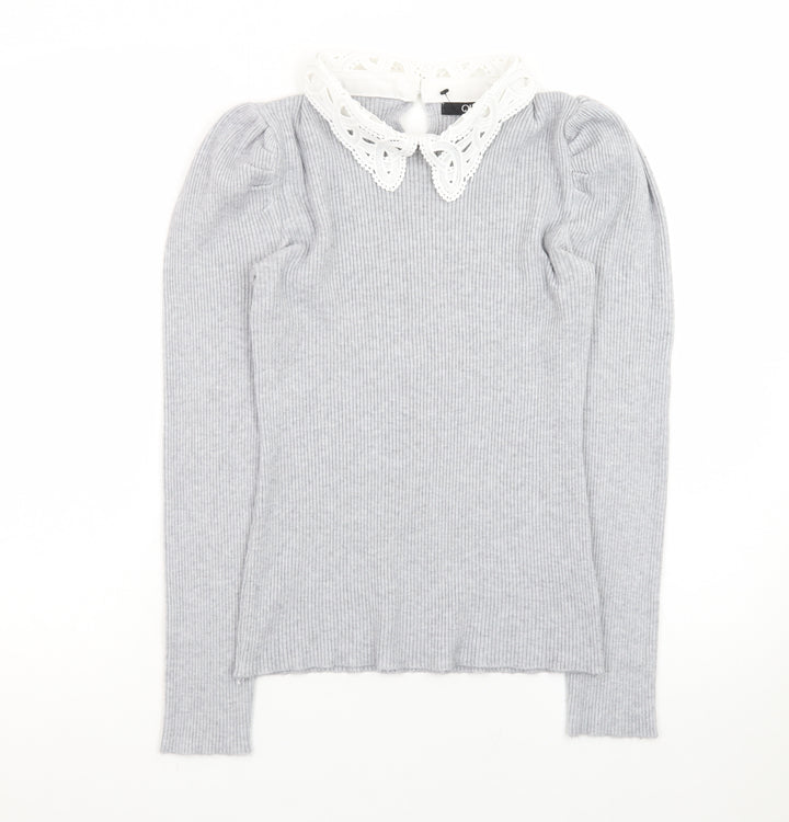 Quiz Women Grey Collared Lace Trim Slim Fit Long Sleeve Jumper
