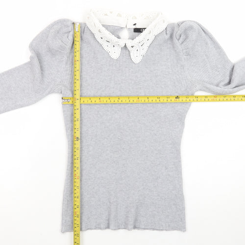 Quiz Women Grey Collared Lace Trim Slim Fit Long Sleeve Jumper