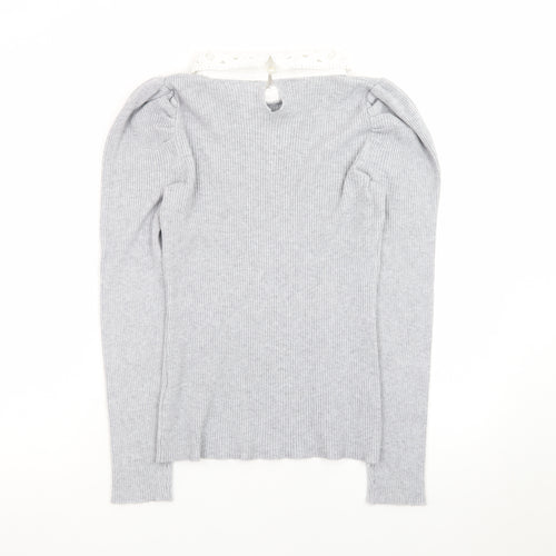 Quiz Women Grey Collared Lace Trim Slim Fit Long Sleeve Jumper