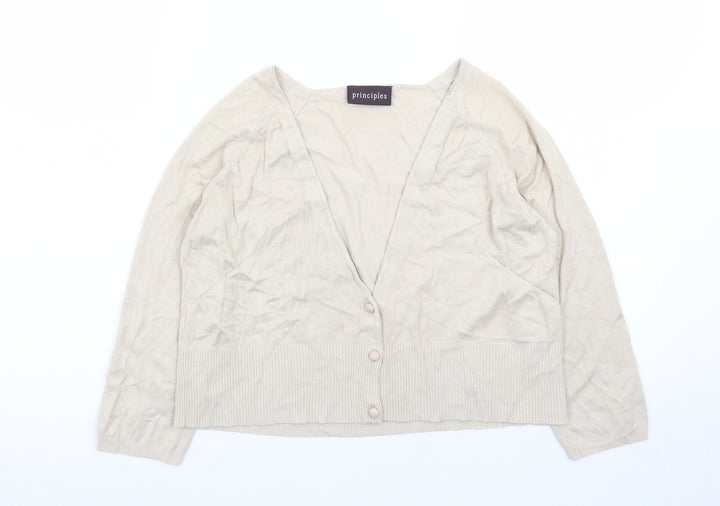 Principles Women Beige V-Neck Button Cardigan Size 14 Viscose Blend