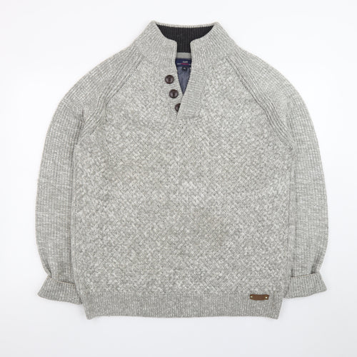 EASY Men's Grey Waffle-Knit Henley Jumper XL High Neck Casual