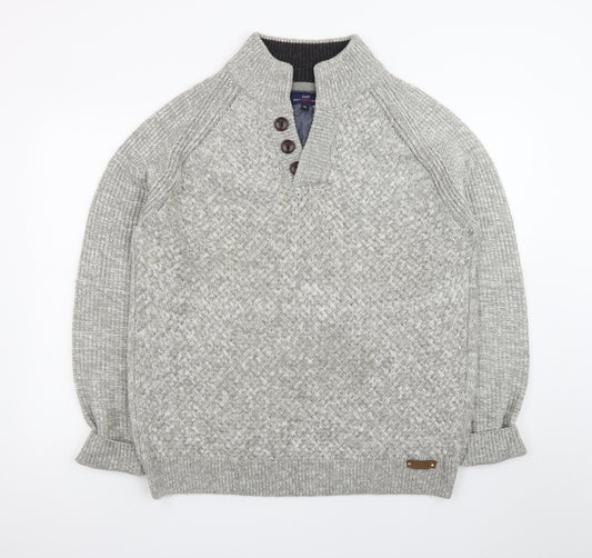 EASY Men's Grey Waffle-Knit Henley Jumper XL High Neck Casual