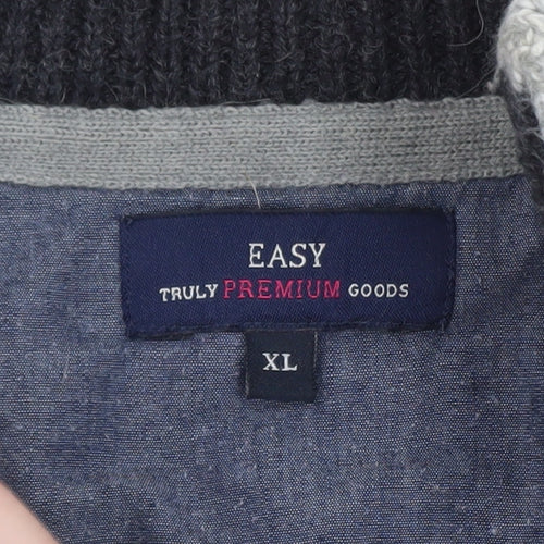 EASY Men's Grey Waffle-Knit Henley Jumper XL High Neck Casual