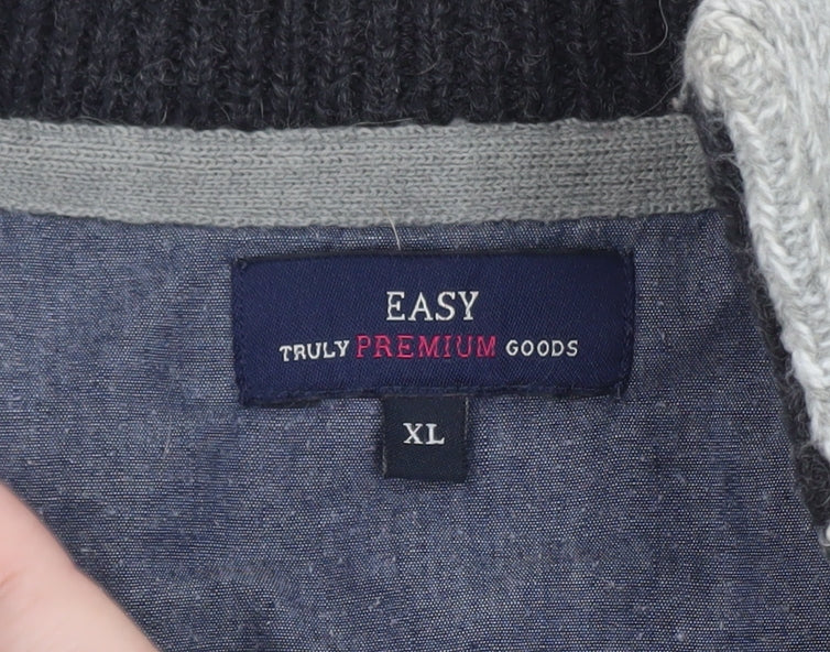 EASY Men's Grey Waffle-Knit Henley Jumper XL High Neck Casual