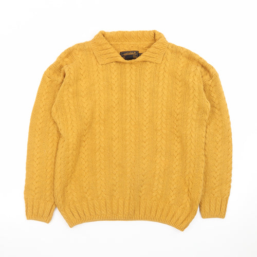 Eddie Bauer Men's Yellow Cable Knit Collared Cotton Jumper Size S