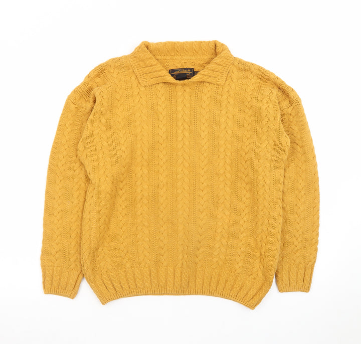 Eddie Bauer Men's Yellow Cable Knit Collared Cotton Jumper Size S