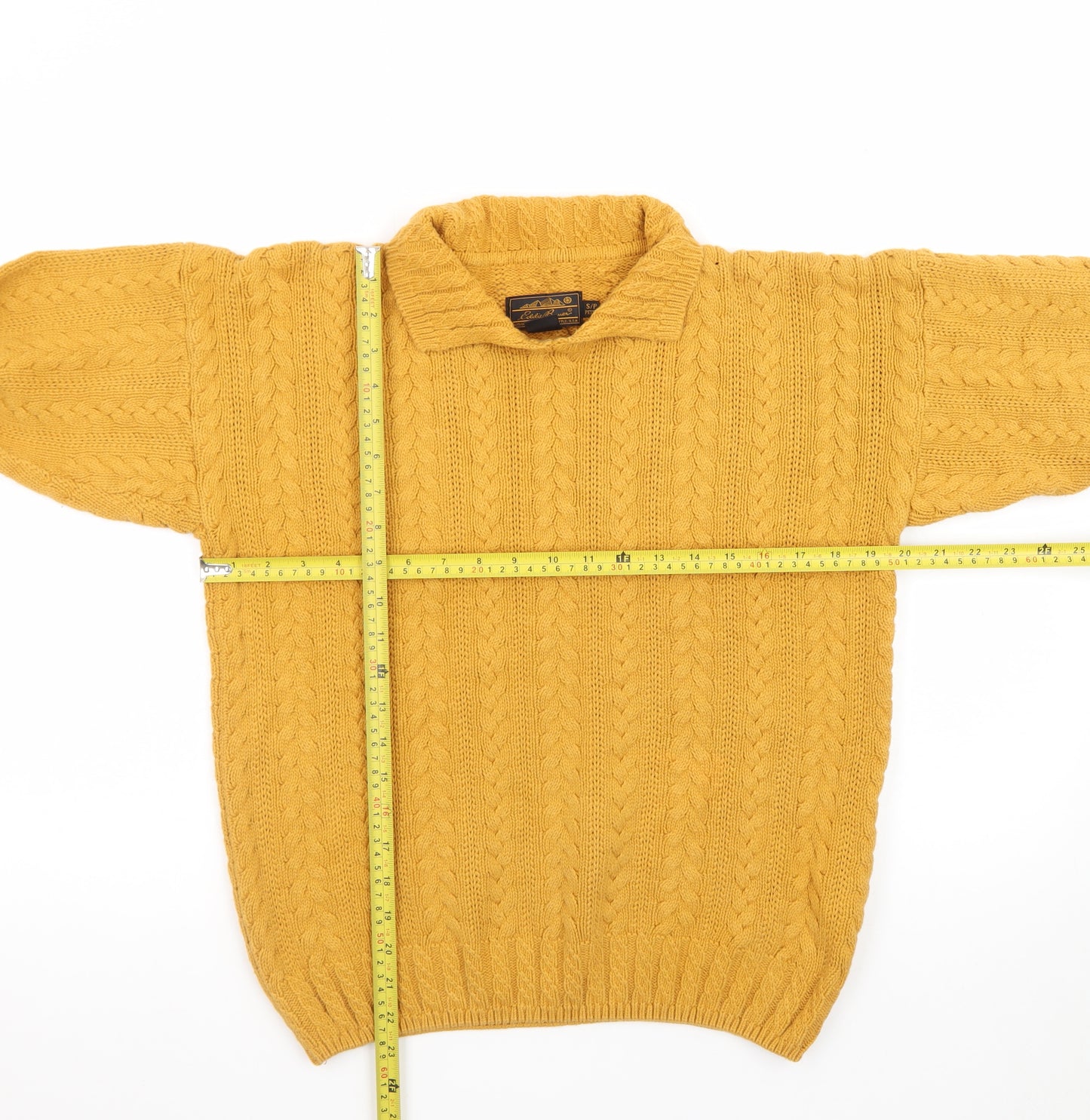 Eddie Bauer Men's Yellow Cable Knit Collared Cotton Jumper Size S