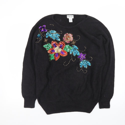 Victoria Jones Womens Black L Sequin Floral Knit Vintage Jumper