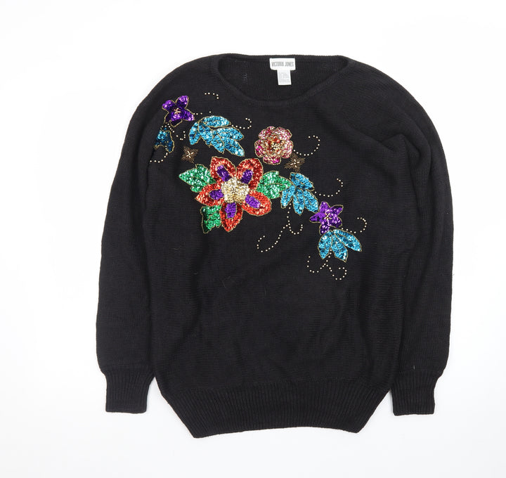 Victoria Jones Womens Black L Sequin Floral Knit Vintage Jumper