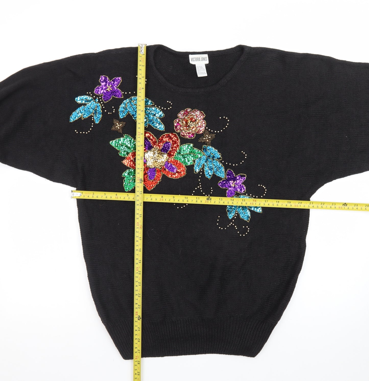 Victoria Jones Womens Black L Sequin Floral Knit Vintage Jumper