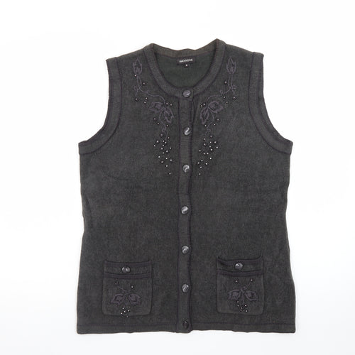 Emotions Womens Black Sleeveless Cardigan Vest M Embroidered Beaded Knit