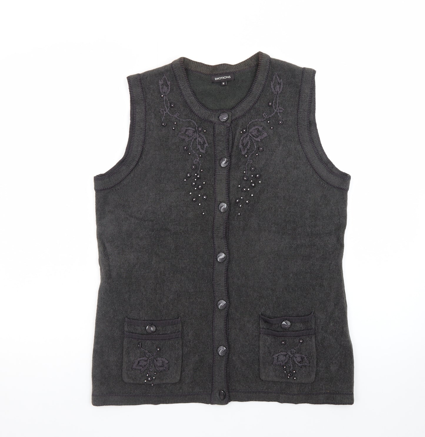 Emotions Womens Black Sleeveless Cardigan Vest M Embroidered Beaded Knit