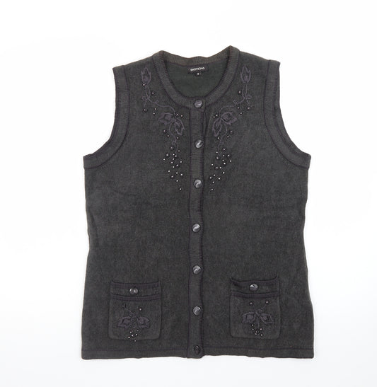 Emotions Womens Black Sleeveless Cardigan Vest M Embroidered Beaded Knit