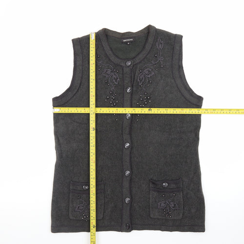 Emotions Womens Black Sleeveless Cardigan Vest M Embroidered Beaded Knit