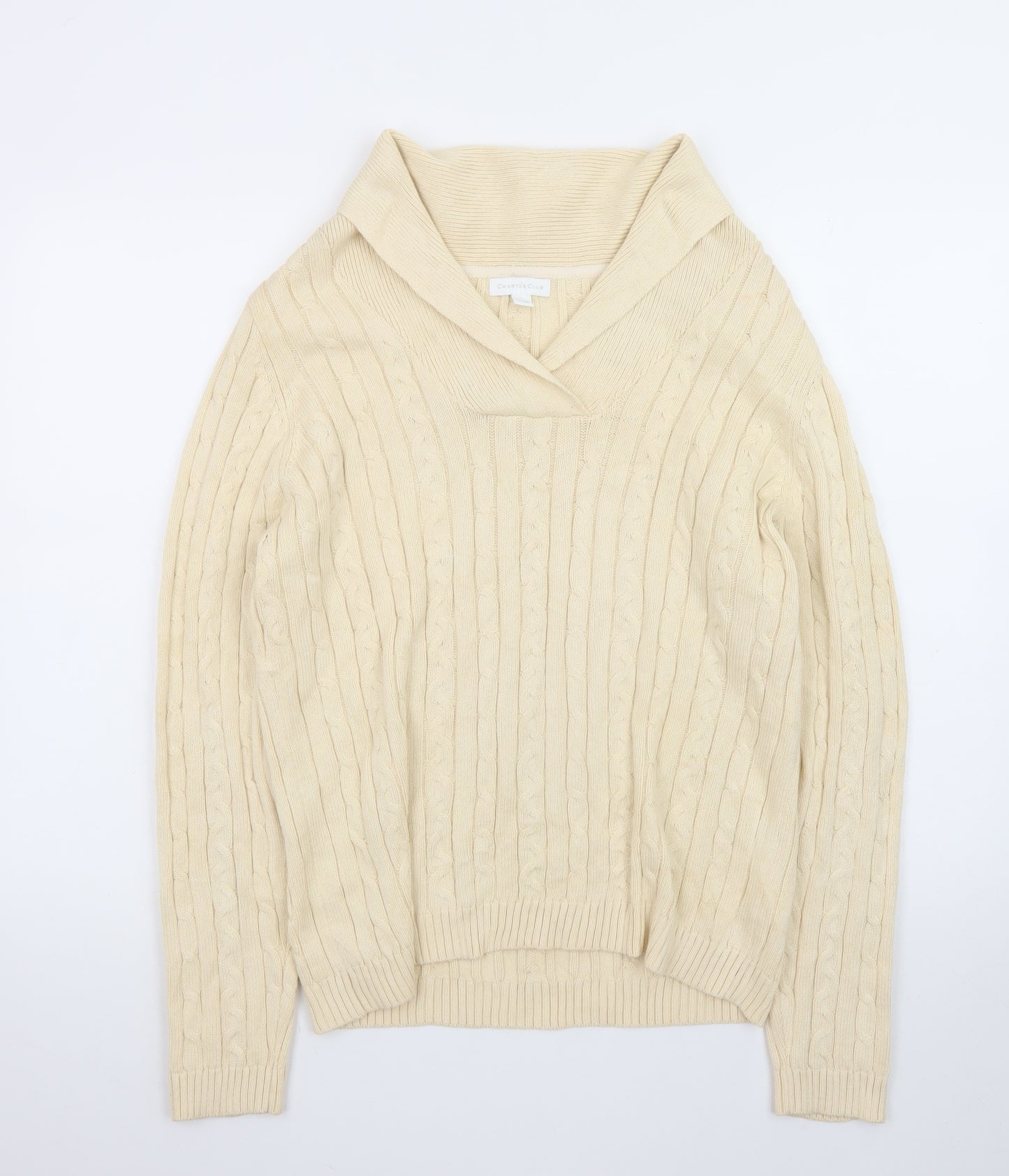 Charter Club Men Beige Cable-Knit Cotton Jumper L Collared Pullover