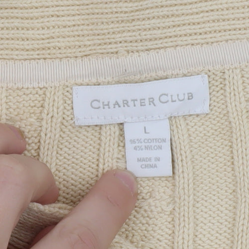 Charter Club Men Beige Cable-Knit Cotton Jumper L Collared Pullover