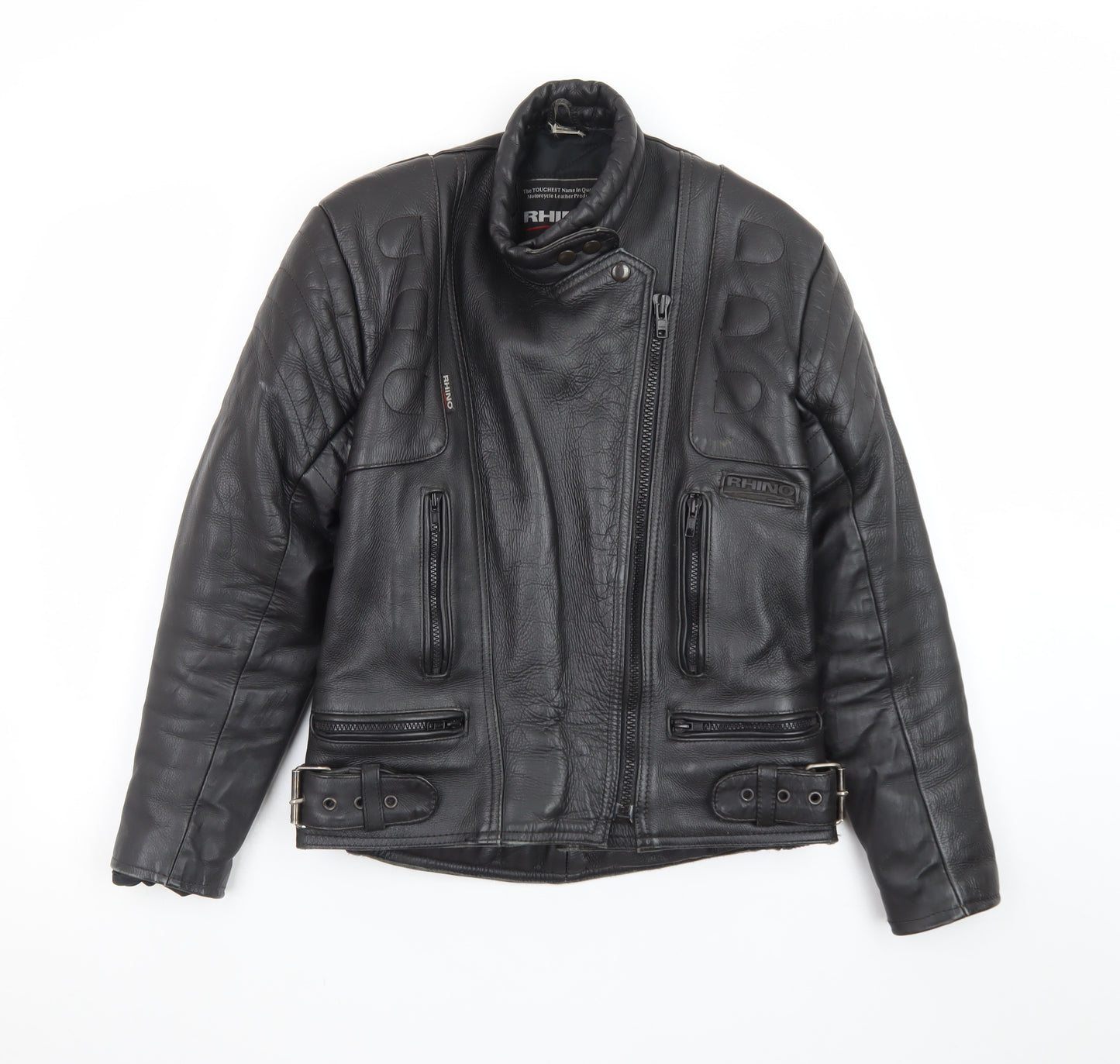 Rhino Womens Black Leather Motorcycle Jacket Size 14 Biker Style