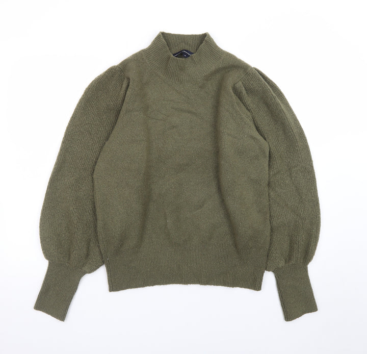 French Connection Women's Green Mock Neck Puff Sleeve Jumper M