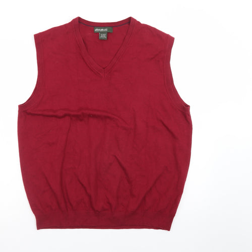 Eddie Bauer Men Red Cotton V-Neck Sleeveless Vest Jumper L