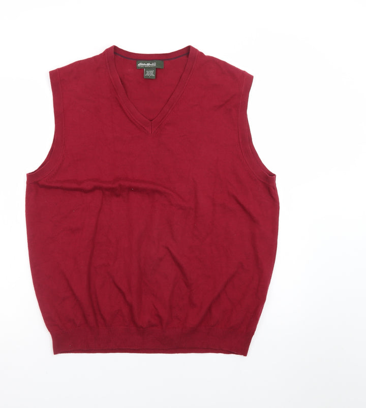Eddie Bauer Men Red Cotton V-Neck Sleeveless Vest Jumper L
