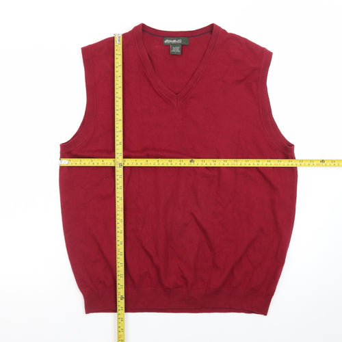 Eddie Bauer Men Red Cotton V-Neck Sleeveless Vest Jumper L