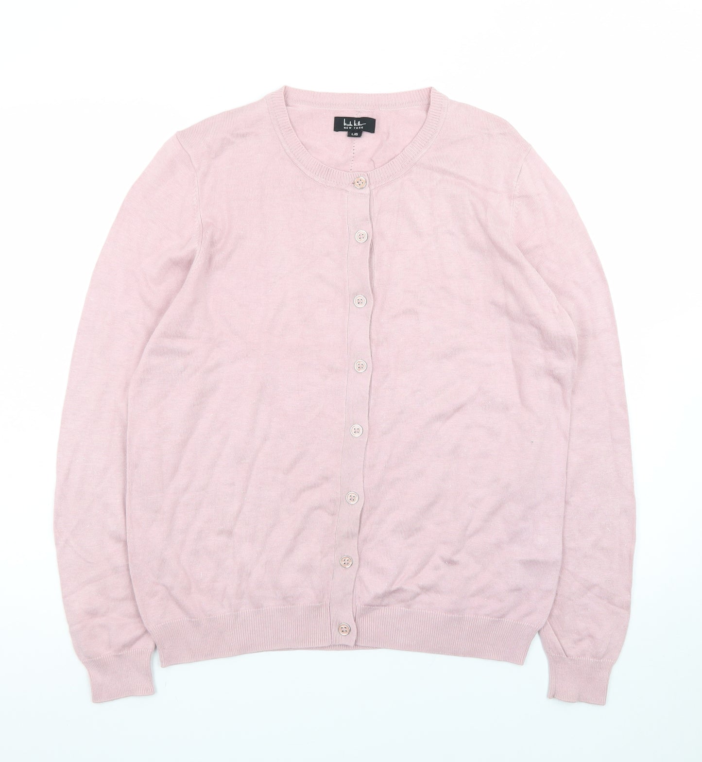 Nicole Miller Women’s Pink Cardigan L Long Sleeve Crew Neck Knit