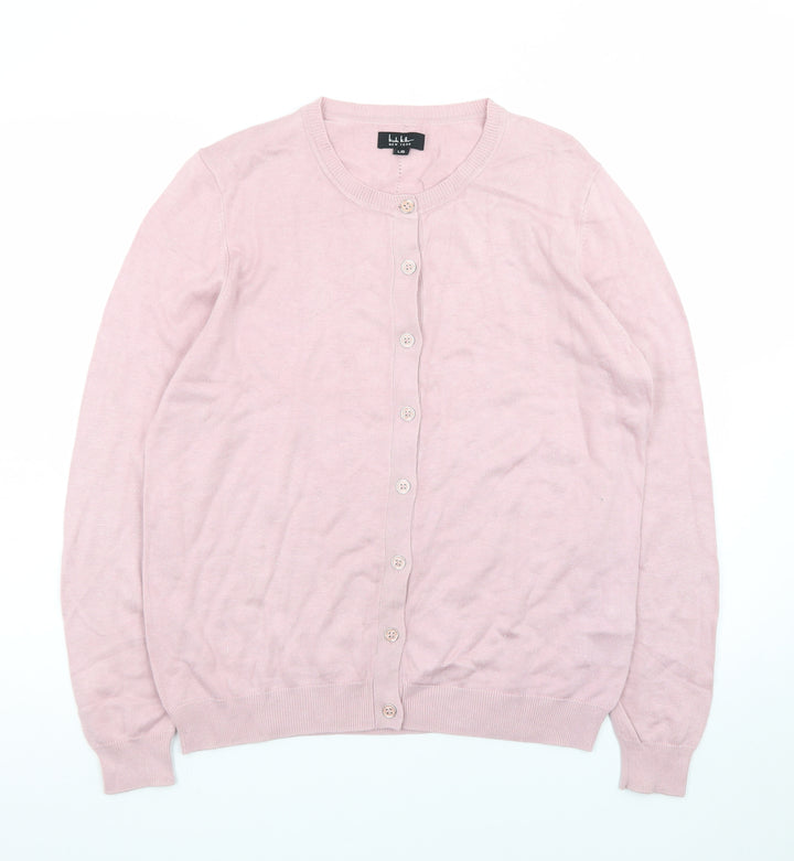 Nicole Miller Women’s Pink Cardigan L Long Sleeve Crew Neck Knit