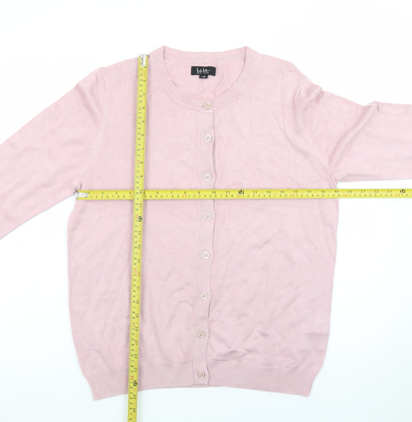 Nicole Miller Women’s Pink Cardigan L Long Sleeve Crew Neck Knit