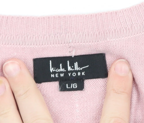 Nicole Miller Women’s Pink Cardigan L Long Sleeve Crew Neck Knit