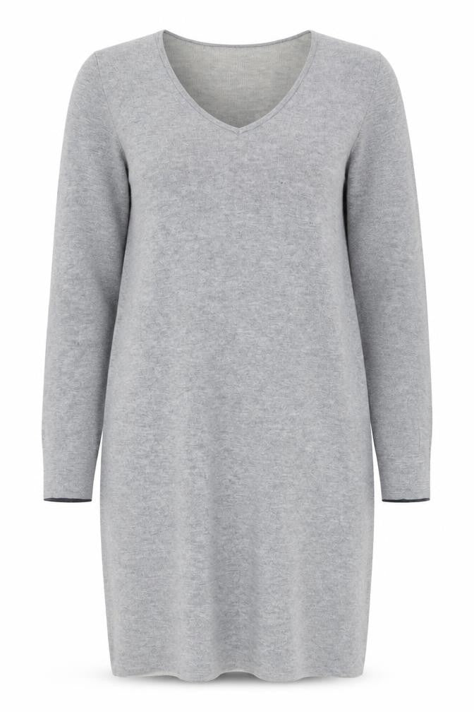 Front view of White Stuff women’s grey knit v-neck sweater dress, size UK 10