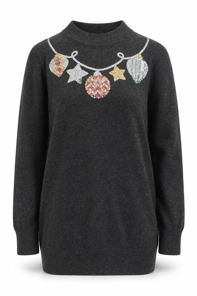 Front view of Peacocks Women’s Grey Sequin Christmas High Neck Jumper, size UK 8