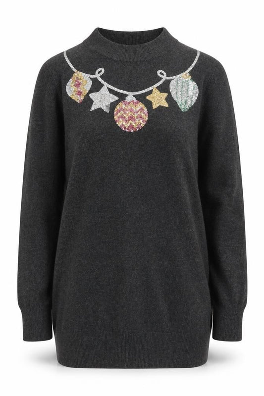 Front view of Peacocks Women’s Grey Sequin Christmas High Neck Jumper, size UK 8
